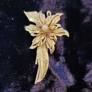 Gold Floral Brooch with Pearl Accent